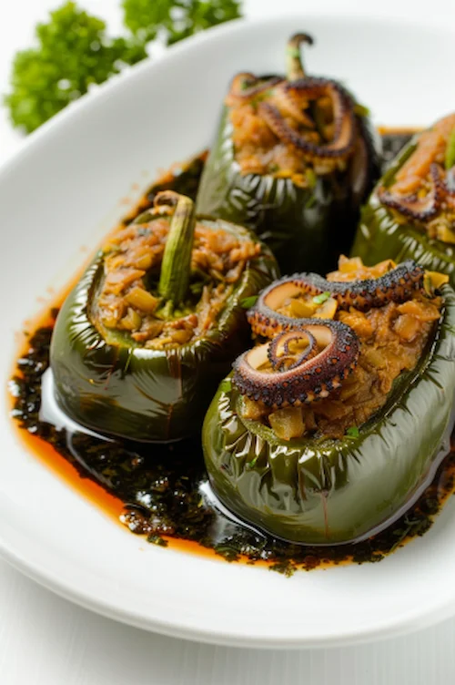 elaboración Pimientos verdes rellenos de calamares en su tinta