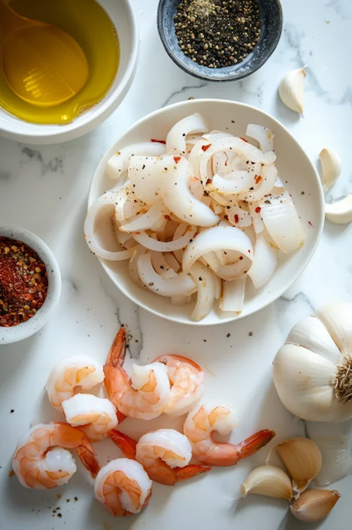 ingredientes Calamares rellenos de gambas en salsa de cebolla